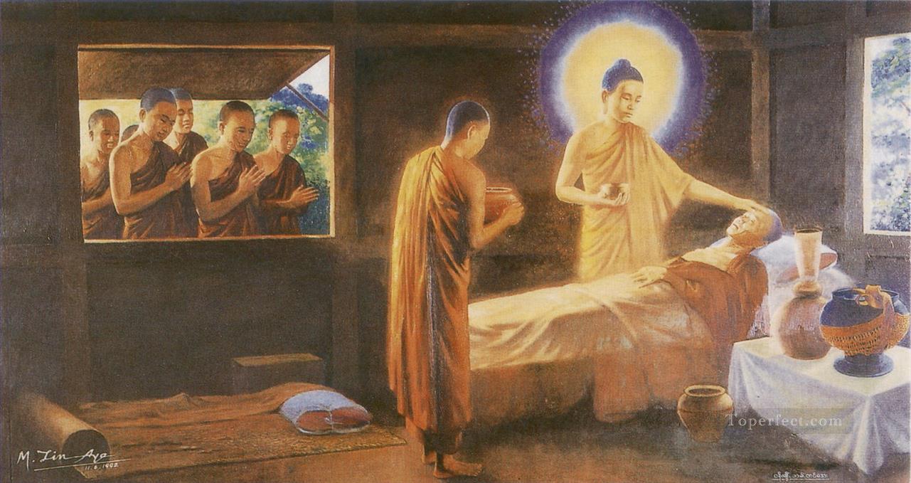 仏陀が兄弟の義務として病気の僧侶の世話をし 僧侶たちが仏教に倣う模範となる。油絵